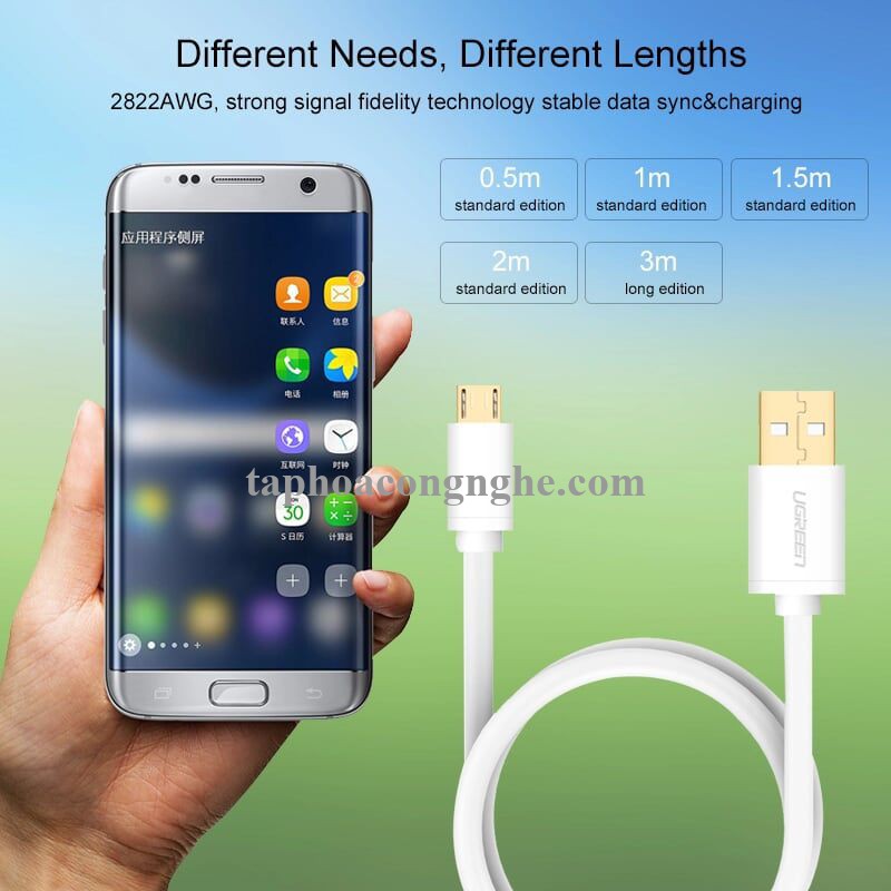 Ugreen 10851 3M màu Trắng Cáp sạc truyền dữ liệu USB 2.0 sang MICRO USB lõi đồng US125 30010851